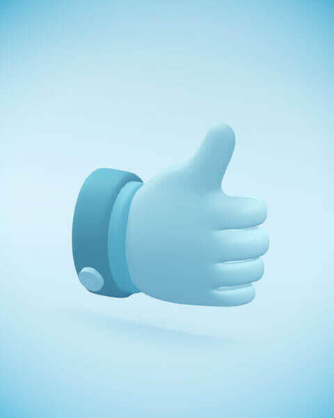 3D-rendered thumbs-up hand icon with a cuff, set against a soft gradient blue background, symbolizing approval, success, or positive feedback.
