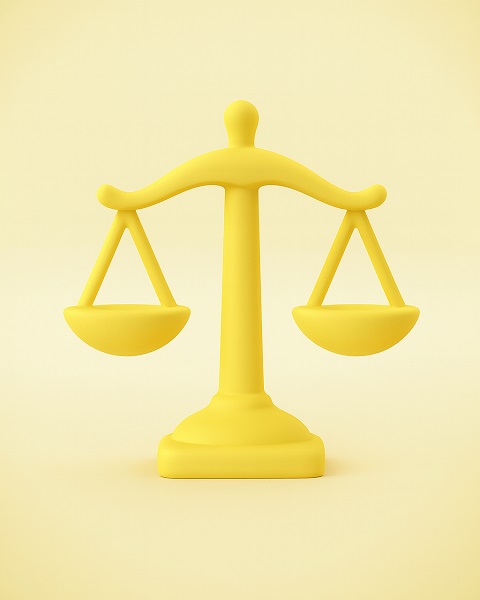 3D-rendered yellow balance scale standing on a soft yellow background, symbolizing law, justice, and compliance.