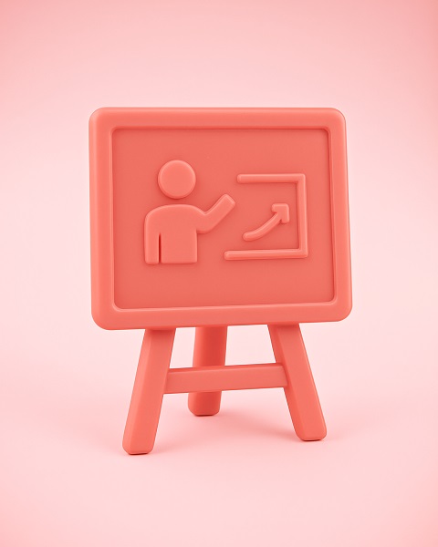 3D icon of a presentation board with an embossed figure pointing to an upward arrow, symbolizing training, learning, or professional development, set against a soft pink background.