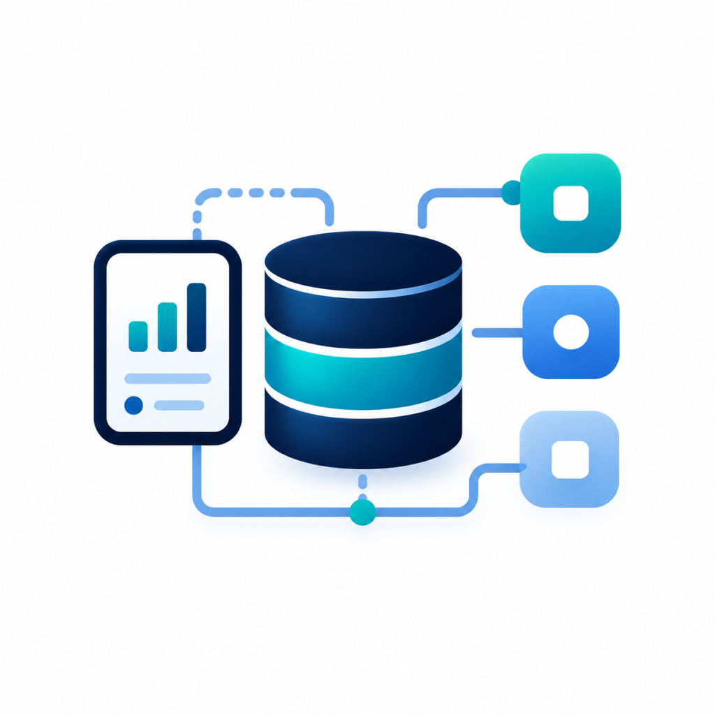 Custom web application development icon showing a dashboard interface with workflow and data elements.