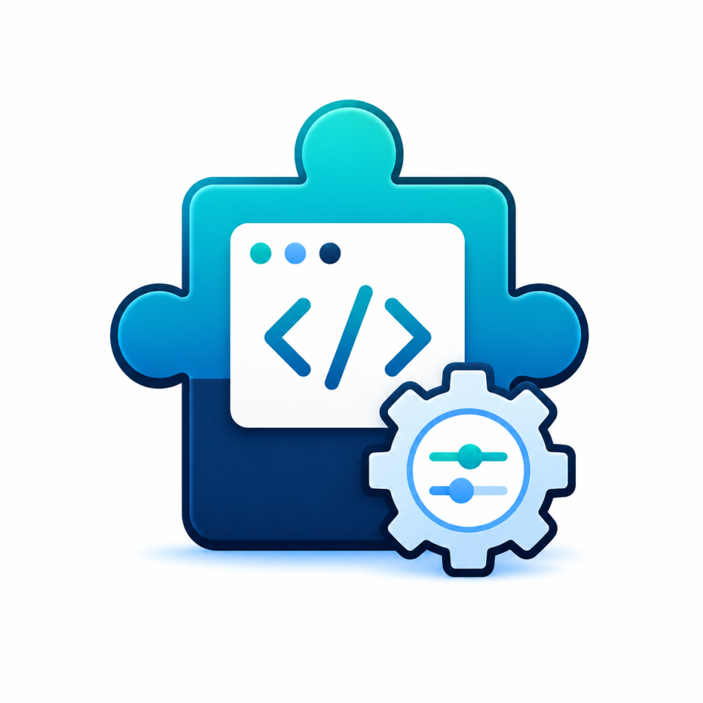 Custom WordPress plugin development icon showing a plugin module with code and WordPress-style customization elements.
