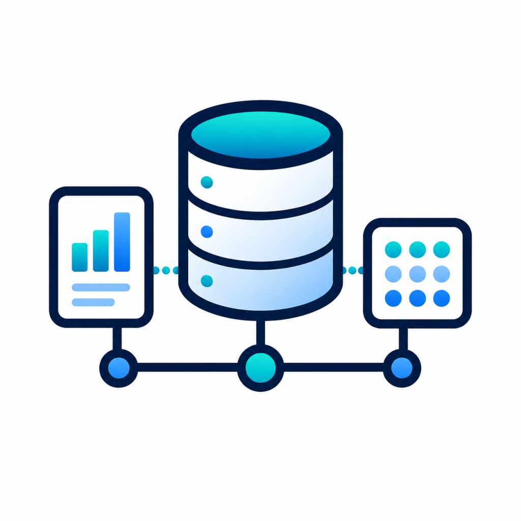 Database-driven solutions icon showing a database connected to forms, records, and reporting tools.
