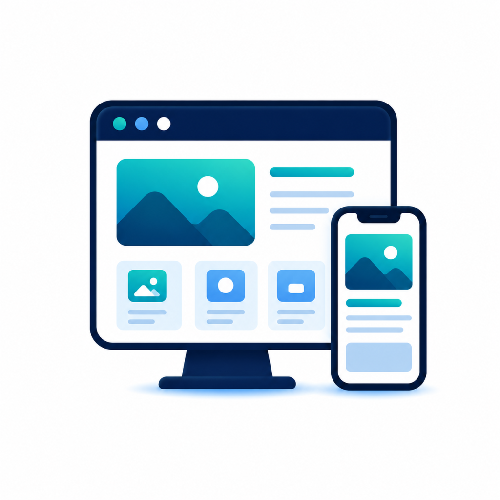 Website design and development icon showing a responsive website layout across desktop and mobile screens.